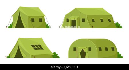 Grüne militärische Zelte Cartoon Illustration Set. Camping-Zelte oder Unterschlupf in verschiedenen Formen für Soldaten oder Outdoor-Erholung isoliert auf weißem Hintergrund Stock Vektor