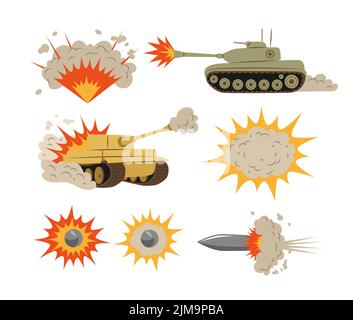 Shooting Tanks und Explosionen Vektor Illustrationen Set. Sammlung von Karikaturzeichnungen von Bombenanschlag, Feuer, Rauchwolken nach dem Platzen, Geschützkugeln Stock Vektor