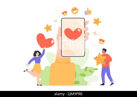 Hand halten Telefon mit Herz auf dem Bildschirm flache Vektor-Illustration. Menschen erhalten „Gefällt mir“-Angaben oder Feedback in sozialen Netzwerken, senden Nachrichten, kommunizieren Stock Vektor