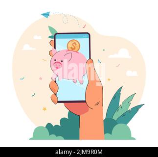 Hand der Person, die Mobiltelefon mit Sparschwein auf dem Bildschirm hält. Piggy mit Münze aus Smartphone flache Vektor-Illustration kommen. Ersparnisse, Finanzen, banki Stock Vektor