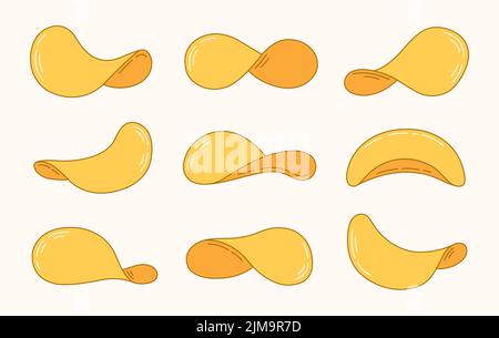 Sammlung von knusprigen Kartoffelchips. Handgezeichnete flache Chips isoliert auf weißem Hintergrund. Vektorgrafik. Stock Vektor