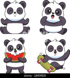 Set von lustigen handgezeichneten Baby Pandas meditieren, überraschend, Essen Wassermelone, Skateboarding Stock Vektor