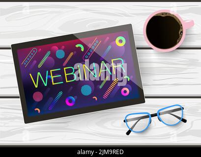 Handgezeichnete flache Lasche einer Tafel, einer Brille und einer Tasse Kaffee auf einem weißen Holztisch. Webinar Stock Vektor