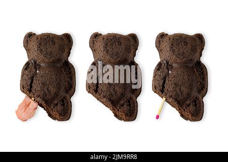 Russischer Bär im Krieg in der Ukraine. Drei Staaten eines glücklichen russischen Soldaten im Angriffskrieg in der Ukraine. Isolieren Stockfoto