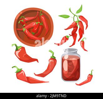 Rote scharfe Chilischoten Cartoon Illustration Set. Eingelegte Paprika in Glas und Schüssel. Gemüse mit grünen Blättern isoliert auf weißem Hintergrund. Spic Stock Vektor