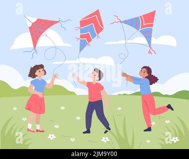 Kinder fliegen Drachen auf Rasen flache Vektor-Illustration. Fröhlicher Junge und Mädchen spielen zusammen im Freien, Spaß im Sommerpark. Unterhaltung, Freundschaft Stock Vektor