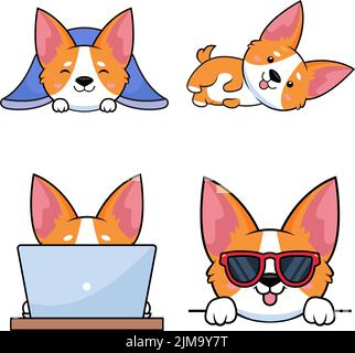 Set von handgezeichneten Corgi-Welpen, die unter der Decke schlafen, liegen, mit Laptop, Sonnenbrille tragen Stock Vektor