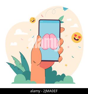 Smiley Gesichter und Hand halten Telefon mit Gehirn auf dem Bildschirm. Person, die Informationen über App- oder Service-Flatvector-Illustration lernt. Technologie, Stock Vektor