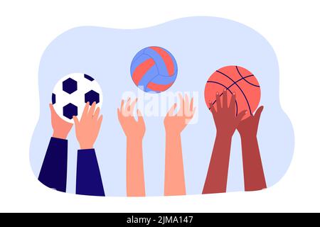 Spieler Hände halten Kugeln für Fußball, Basketball, Volleyball. Gruppe von Menschen spielen Team-Spiele flache Vektor-Illustration. Sport, Erholung conce Stock Vektor