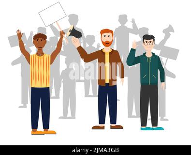 Männer mit Plakaten stehen bei der Kundgebung. Kämpft für eure Rechte, Rassengleichheit und Gerechtigkeit. Vektorgrafik. Stock Vektor
