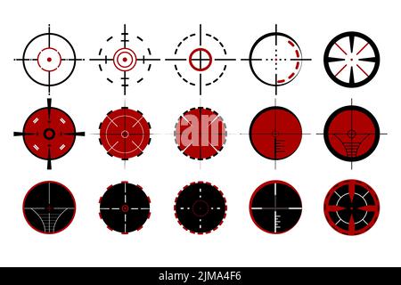 Sniper Scores oder Fadenkreuz Cartoon Illustration Set. Pistole oder Pistole, Zielfernrohr auf weißem Hintergrund. Waffe, Jagd, Genauigkeit, Ziel, Zielen, Stock Vektor