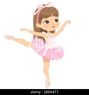 Cute Brown Hair Ballerina Girl Dancing. Kleine kaukasische Mädchen in rosa Tutu Kleid und Pointe Stockfoto