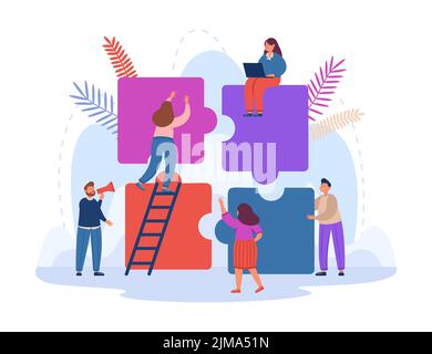 Kleine Geschäftsleute, die zusammen an Puzzles arbeiten. Metapher für Zusammenarbeit oder Partnerschaft, Zusammenarbeit zwischen dem Team von Menschen flach Vektor krank Stock Vektor