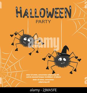 Halloween Spinnennetz und Spinnen. Halloween Party Poster Design. Stock Vektor