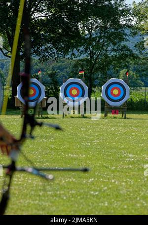 Bogenschießen Ziele mit bunten Taget Gesichter auf grünem Gras während eines Bogenschießwettbewerbs Stockfoto