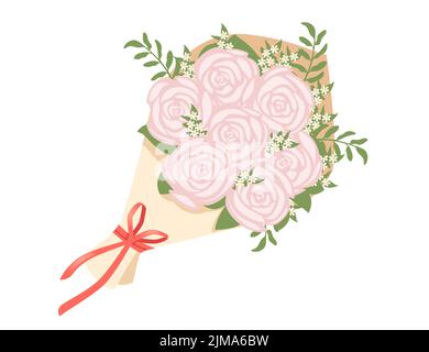 Strauß von Rosenblumen in Papier mit einem roten Band Vektor-Illustration isoliert auf weißem Hintergrund eingewickelt Stock Vektor