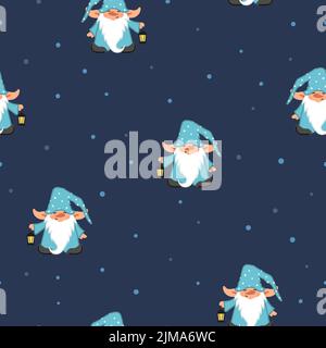 Nahtlose Nacht Weihnachten Muster mit niedlichen Cartoon Zwerg. Babydruck. Stock Vektor