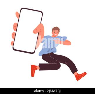 Mann springt mit Handy, Handy-App auf weißem Bildschirm. Stock Vektor