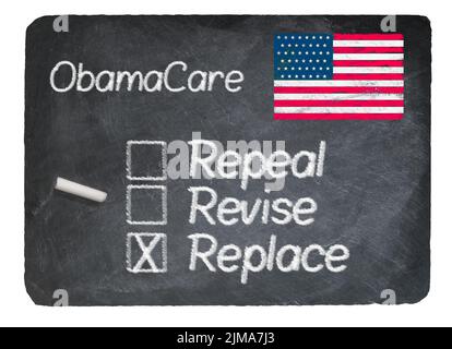 Obamacare Konzept mit Kreide auf Schiefertafel Stockfoto