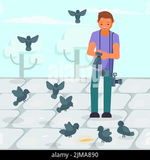 Junger Fotograf, der auf dem Gehsteig auf die Tauben pickt. Vektorgrafik im flachen Stil. Fotografie Hobby Konzept Design ele Stock Vektor