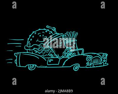 Straßenrestaurant, Fast-Food-Charaktere Burger trinken Cola und pommes frites Freunde Auto fahren Stock Vektor
