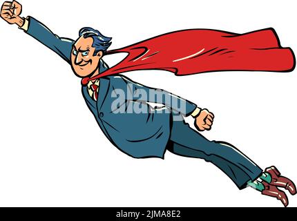 Der Geschäftsmann ist ein Superheld, ein Mann in einem Anzug mit rotem Umhang. Ein Held fliegt zu Hilfe Stock Vektor