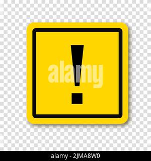 Ausrufezeichen im gelben Quadrat mit Schatten. Symbol der Vorsicht. Warnschild „Gefahr“. Vektorgrafik auf transparentem Hintergrund. Stock Vektor