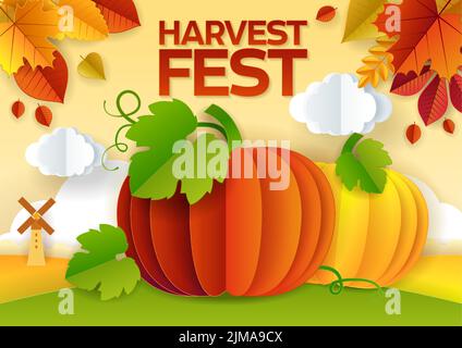 Erntefest Vektor Papier geschnitten Poster Banner Vorlage Stock Vektor