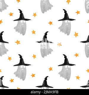 Halloween-Muster mit niedlichen Geistern in Hexenhüten. Vektorgrafik Urlaub Stock Vektor