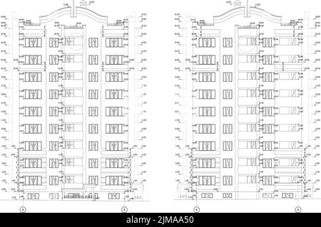 Mehrstöckige Gebäudefassaden, detaillierte technische Architekturzeichnung, Vektorgrafik Stock Vektor