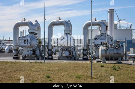 Werne, Nordrhein-Westfalen, Deutschland - Kompressorstadion und Pumpstation für Erdgas. Open Grid Europe, Werne Station. Der OGE-Kompressor s Stockfoto