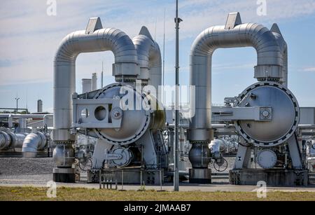 Werne, Nordrhein-Westfalen, Deutschland - Kompressorstadion und Pumpstation für Erdgas. Open Grid Europe, Werne Station. Der OGE-Kompressor s Stockfoto