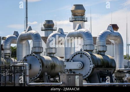 Werne, Nordrhein-Westfalen, Deutschland - Kompressorstadion und Pumpstation für Erdgas. Open Grid Europe, Werne Station. Der OGE-Kompressor s Stockfoto