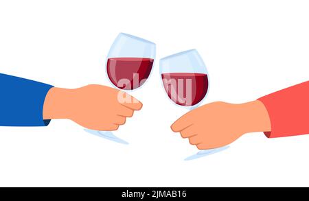 Klirrende Gläser Hände. Freunde klirken Weingetränke, Alkoholgetränke in Weinbächen. Vektorgrafik Stock Vektor