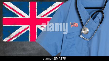 Blaue Peelings mit britischer Flagge für die Gesundheitsversorgung von Einwanderern Stockfoto