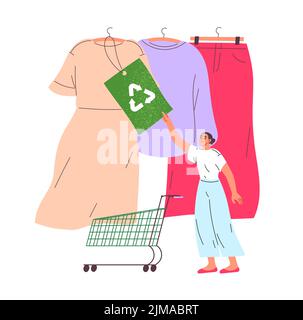Frau kauft Kleidung aus recyceltem Material. Stock Vektor