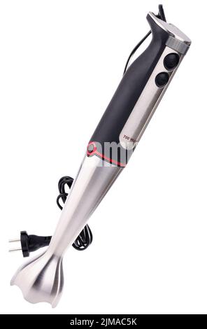 Elektrischer Handmixer mit zwei isolierten Tasten auf weißem Hintergrund Stockfoto