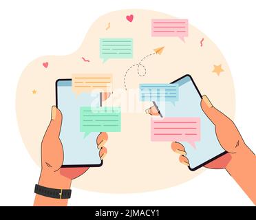Zwei Hände halten Telefone mit Nachrichten in Sprechblasen. Menschen chatten über mobile App flache Vektor-Illustration. Kommunikation, Netzwerk, Social Media Stock Vektor