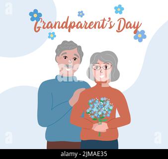 Grußkarte zum Großeltern-Tag, Poster. Glückliches älteres Familienpaar. Großmutter und Großvater zusammen. Lächelnde Oma hält Vergiss-m Stock Vektor