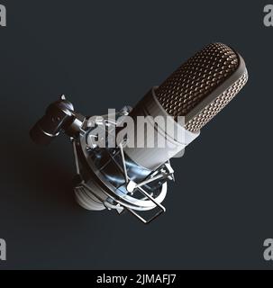 Studio Microphone 3D Rendern auf einem dunkelgrauen Hintergrund Stockfoto