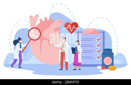 Kleine Ärzte, die großes menschliches Herz studieren. Kardiologen untersuchen Patienten mit kardiovaskulären Erkrankungen flache Vektorgrafik. Gesundheit, Diagnose, Cardi Stock Vektor