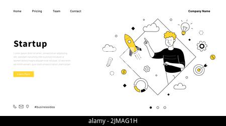 Startup Firma Website Doodle Vorlage. Erfolgreiche Business-Startseite. Line Art Illustration der steigenden Rakete und glücklich smart Geschäftsmann mit Idee, motiviert für die Entwicklung. Kreatives Ideenkonzept Stock Vektor