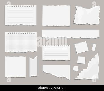 Zerrissene weiße Papier Reste Cartoon Illustration Set. Zerklüftete quadratische Notizbuchblätter. Leere Notizen oder Memos gerissen, unbeschriftete beschädigte Notizpapiere mit sh Stock Vektor