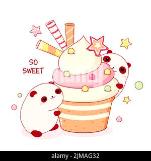 Niedliche Tiere im Kawaii-Stil. Zwei lustige dicke Pandas mit Cupcake. Inschrift so süß. Kann für T-Shirt-Print, Aufkleber, Grußkarten-Design verwendet werden. Stock Vektor