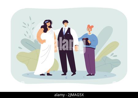 Hochzeitsplaner steht neben Braut und Bräutigam. Mann im Anzug und Frau im Kleid heiraten flache Vektor-Illustration. Familie, Ehe Konzept fo Stock Vektor