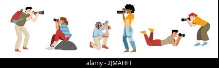 Professionelle Fotografen mit Kameras. Männliche und weibliche Charaktere fotografieren, fotografieren. Menschen kreative Hobby, Paparazzi oder Journalist Beruf, Line Art flache Vektor-Illustration, Set Stock Vektor