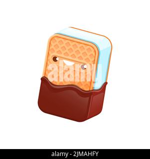 Cartoon-Sandwich-Eiscreme-Figur, Kawaii-Eiscreme-Persönlichkeit mit Schokolade und knusprigen Keksen. Isolierte Vektor lächelnde Dessertbar. Kalte lustige Summe Stock Vektor