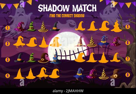 Halloween Schatten Spiel Spiel, Geister, Hexe und Zauberer Hüte auf Friedhof, Vektor Kinder puzzle. Finde den richtigen Schatten oder die Silhouette des Hexenhuts, Suche los Stock Vektor