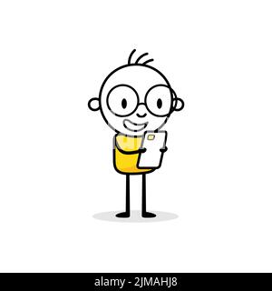 Ein Geschäftsmann hält ein Mobiltelefon in den Händen. Handgezeichneter Doodle Mann isoliert auf weißem Hintergrund. Vektorgrafik. Stock Vektor