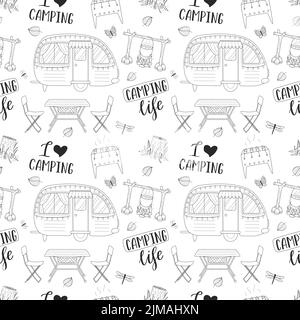 Camping nahtloses Muster. Reisehintergrund mit handgezeichneten Umrissen Wanderelemente und Schriftzug. Doodle Hintergrund für Website, Banner, Cover, Textil Stock Vektor